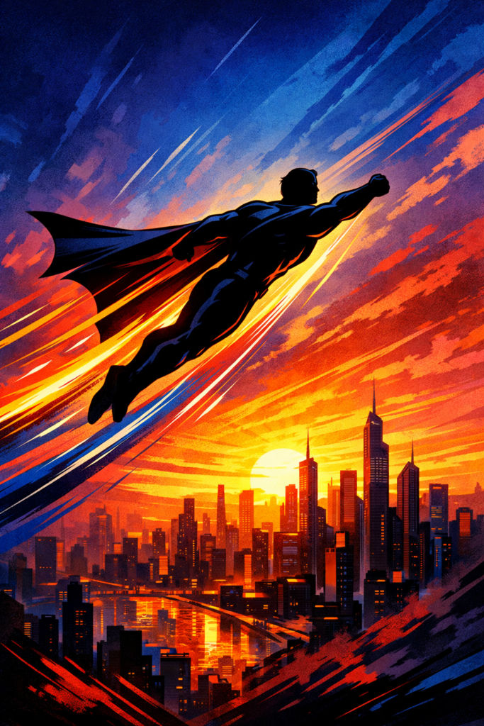Abstract illustration of a superhero silhouette flying over a sunset cityscape, representing the comparison of Invincible and The Boys episodes.